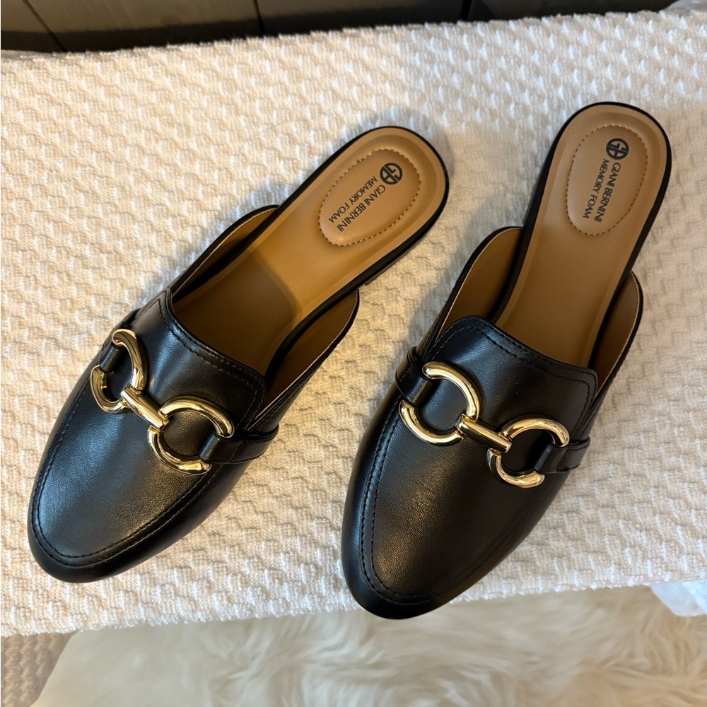 Black Leather Mules with Gold Chain